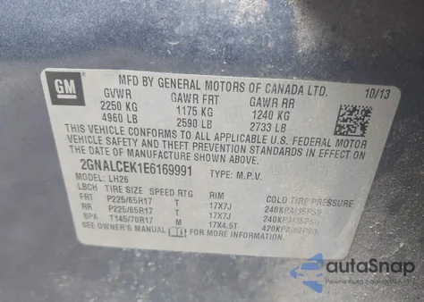 2014 Chevrolet Equinox 2Lt z USA, uszkodzony, nr VIN 2GNALCEK1E6169991